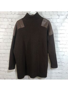 Ralph Lauren Brown Knit Turtleneck Sweater with Leather Shoulder Panels